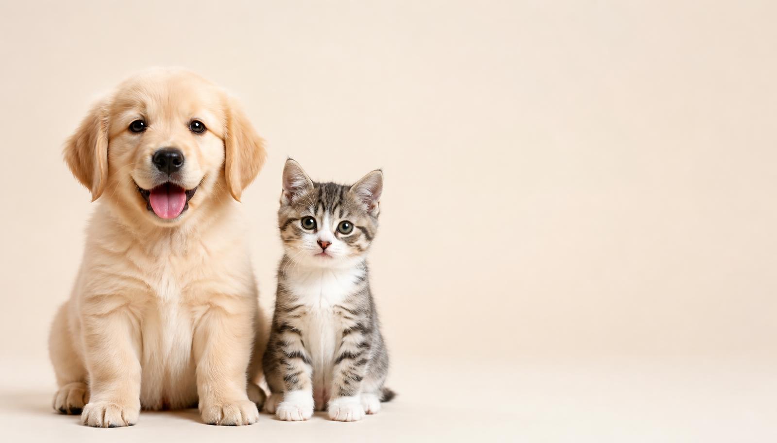 Welpe und Kitten sitzen nebeneinander