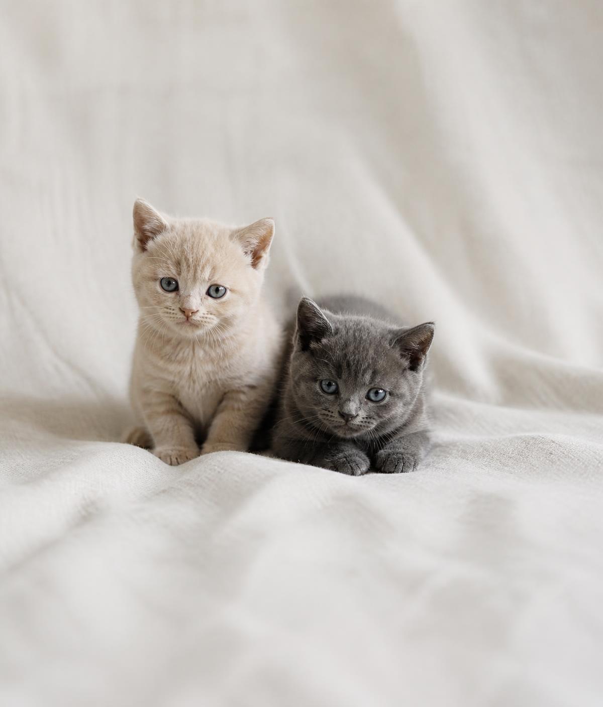 Zwei junge Kitten auf einer hellen Leinendecke